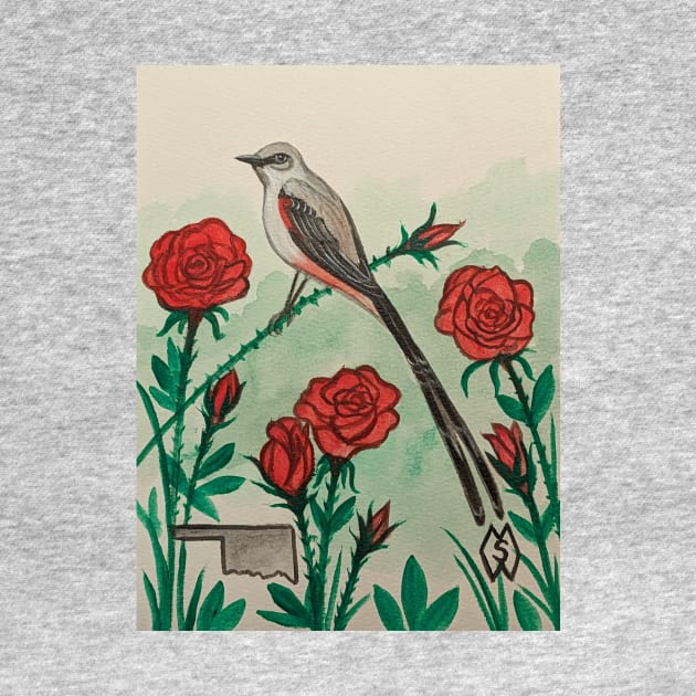 Oklahoma state bird and flower, the scissor-tailed flycatcher and rose by Matt Starr Fine Art